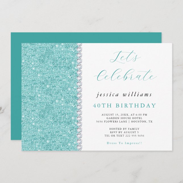 Pretty Sparkle Sequins & Diamonds Teal Birthday  Invitation (Front/Back)