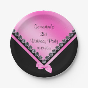Pretty Sparkly Diamonds & Pink Bow 21st Birthday Paper Plate
