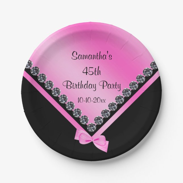 Pretty Sparkly Diamonds & Pink Bow 45th Birthday Paper Plate (Front)