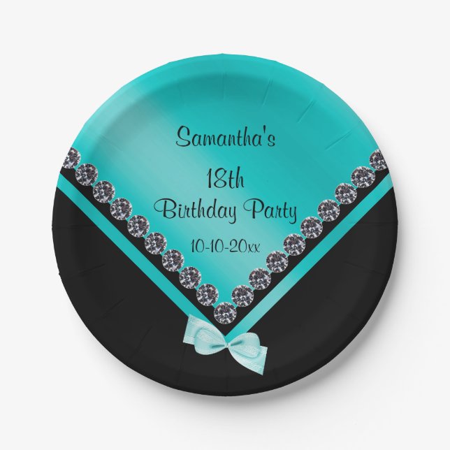 Pretty Sparkly Diamonds & Teal Bow 18th Birthday Paper Plate (Front)
