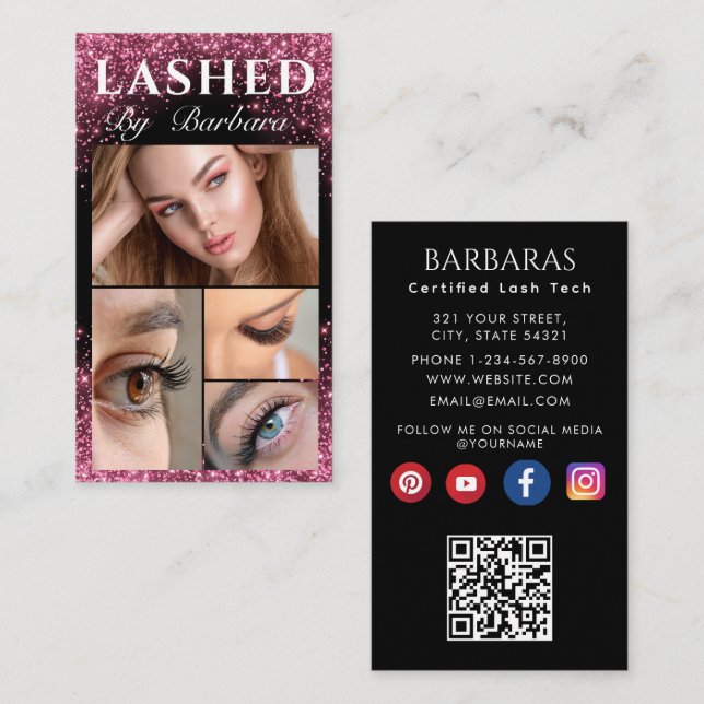 Pretty Sparkly Pink Glitter Typography Lashes qr Business Card (Front/Back)