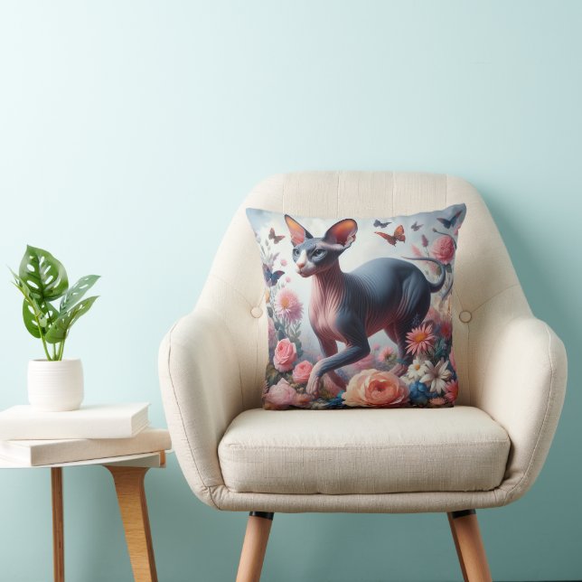 Pretty Sphynx Cat & Flowers Cushion (Chair)
