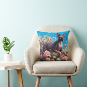 Pretty Sphynx Cat & Flowers Cushion