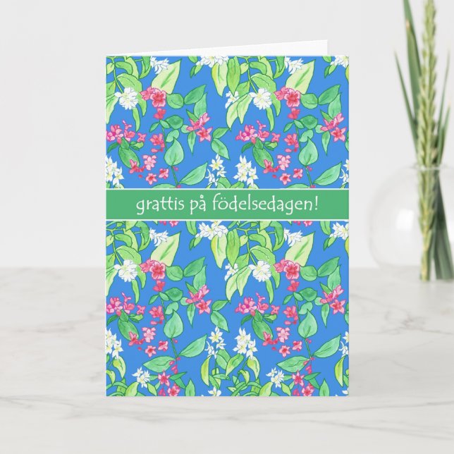 Pretty Spring Blossom Swedish Language Birthday Card (Front)