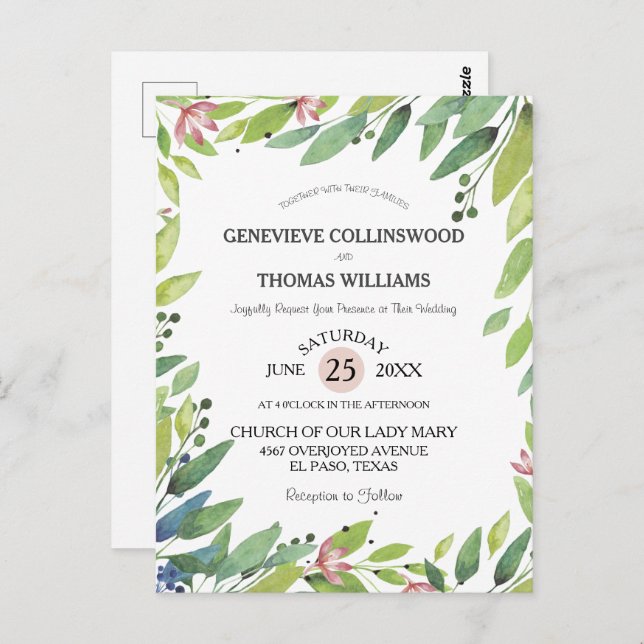 Pretty Spring Botanical Blush Pink Wedding Invite Postcard (Front/Back)