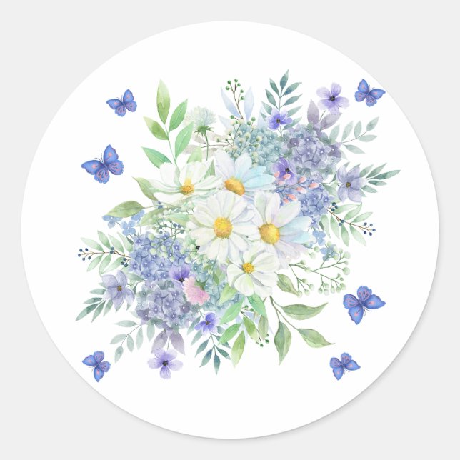 Pretty Spring Daisies, Blue Flowers & Butterflies Classic Round Sticker (Front)
