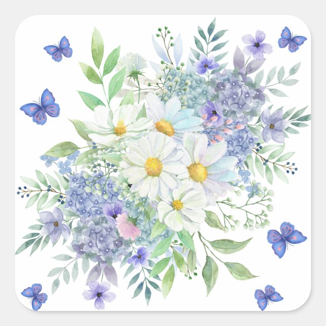 Pretty Spring Daisies, Blue Flowers & Butterflies Square Sticker (Front)