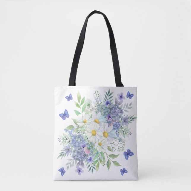 Pretty Spring Daisies, Blue Flowers & Butterflies Tote Bag (Front)