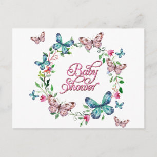 PRETTY SPRING FLORAL BUTTERFLY WREATH BABY SHOWER INVITATION POSTCARD