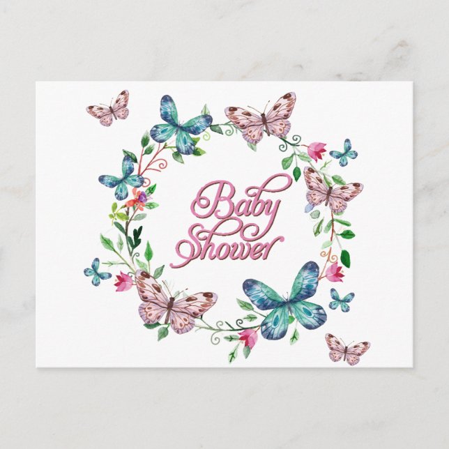 PRETTY SPRING FLORAL BUTTERFLY WREATH BABY SHOWER INVITATION POSTCARD (Front)