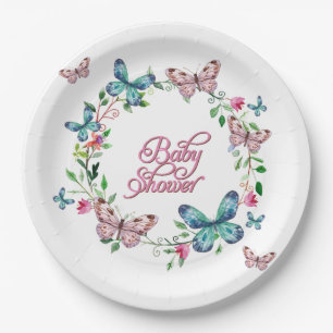 PRETTY SPRING FLORAL BUTTERFLY WREATH BABY SHOWER PAPER PLATE