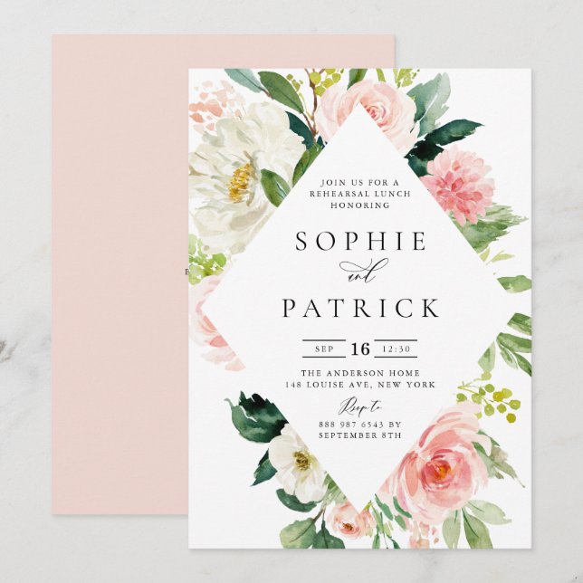 Pretty Spring Floral Frame Rehearsal Lunch Invitation (Front/Back)