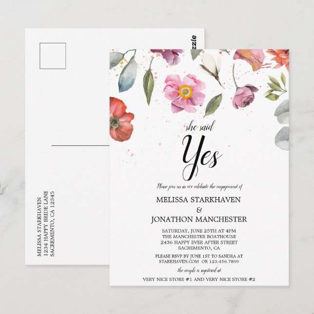 Pretty Spring Floral She Said Yes Engagement Party Postcard (Front/Back)