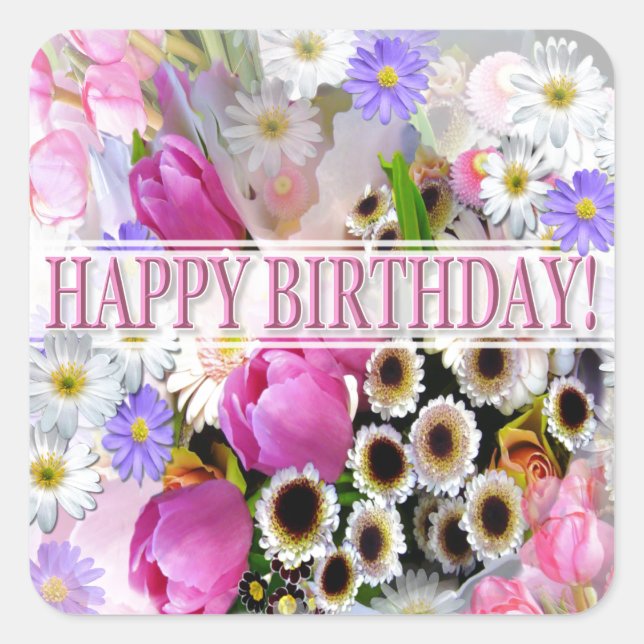 Pretty Spring Flower Bouquet Happy Birthday Square Sticker (Front)