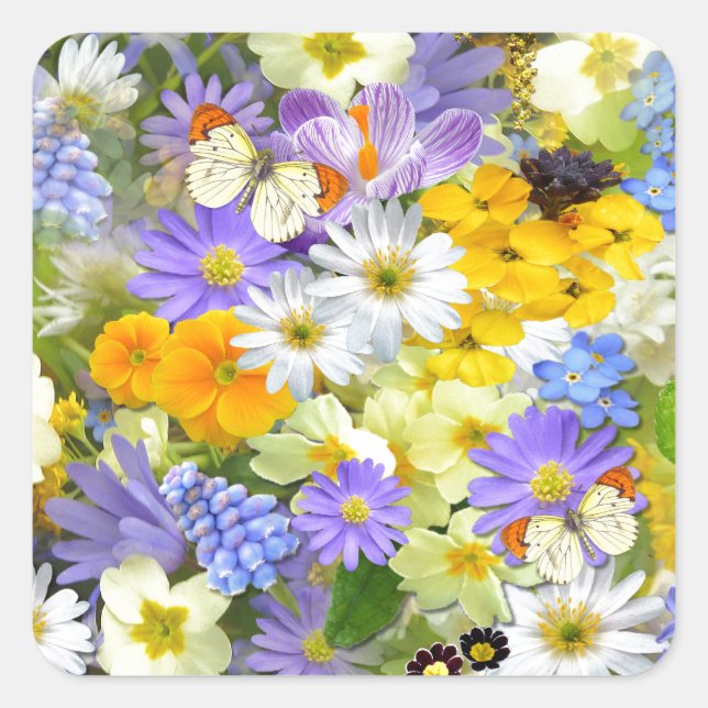 Pretty Spring Flowers and butterflies Square Sticker (Front)