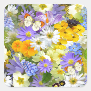 Pretty Spring Flowers and butterflies Square Sticker