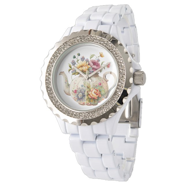 Pretty Spring Flowers Elegant Teapot Watch (Angled)