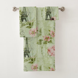 pretty spring mint pink floral paris eiffel tower bath towel set