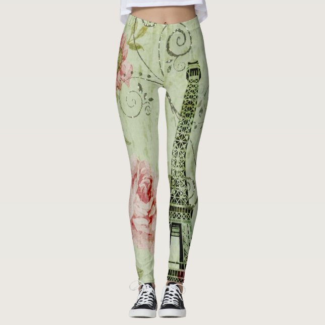 pretty spring mint pink floral paris eiffel tower leggings (Front)