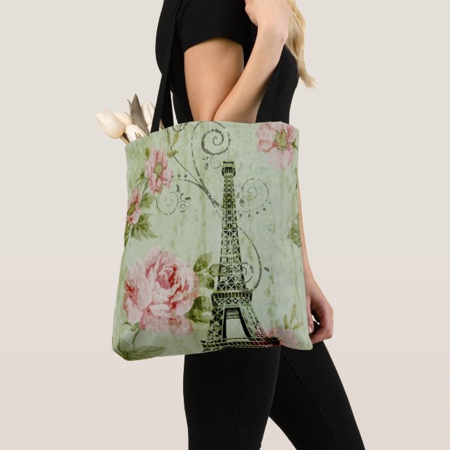 pretty spring mint pink floral paris eiffel tower tote bag (Close Up)