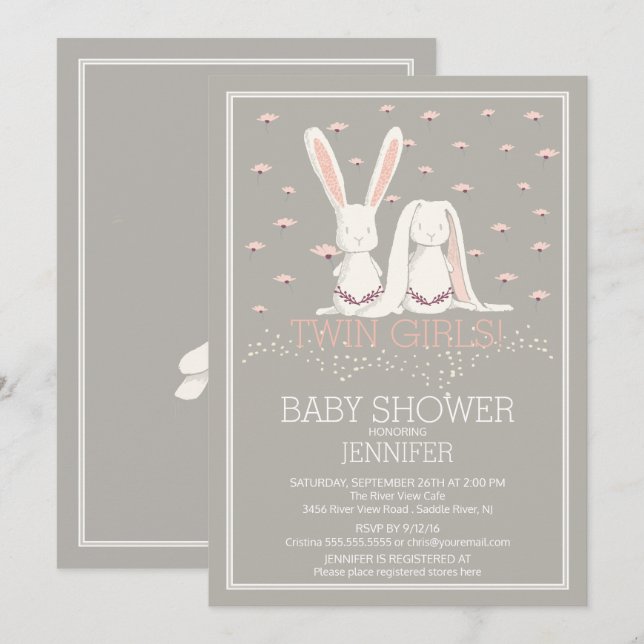 Pretty Spring Pink TWIN Girls Bunny Baby Shower Invitation (Front/Back)