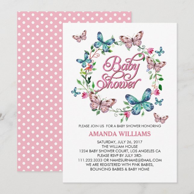 Pretty Spring Wreath and Butterfly  BABY SHOWER Invitation (Front/Back)