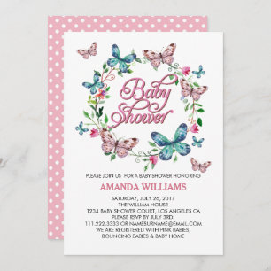 Pretty Spring Wreath and Butterfly BABY SHOWER Invitation