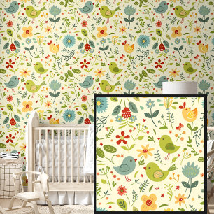 Pretty Springtime Flowers Birds Green on Yellow  Wallpaper