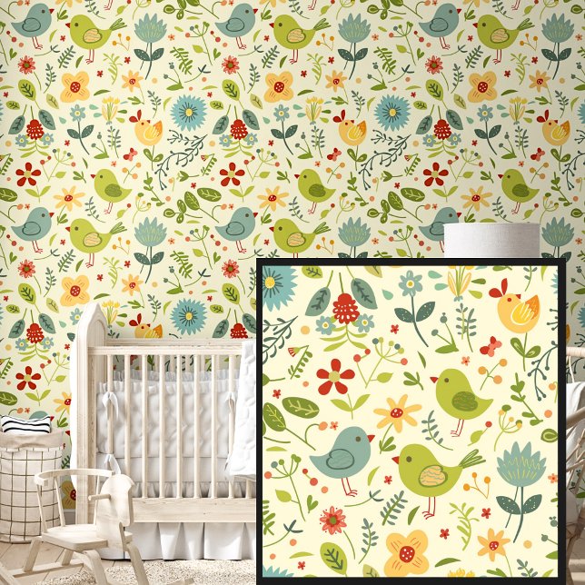 Pretty Springtime Flowers Birds Green on Yellow  Wallpaper (Creator Uploaded)