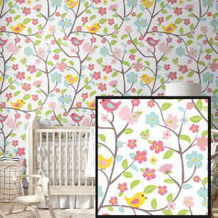 Pretty Springtime Flowers Birds Pink Green Yellow Wallpaper