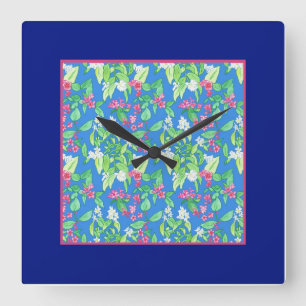 Pretty Square Wall Clock, Spring Blossoms, Blue Square Wall Clock