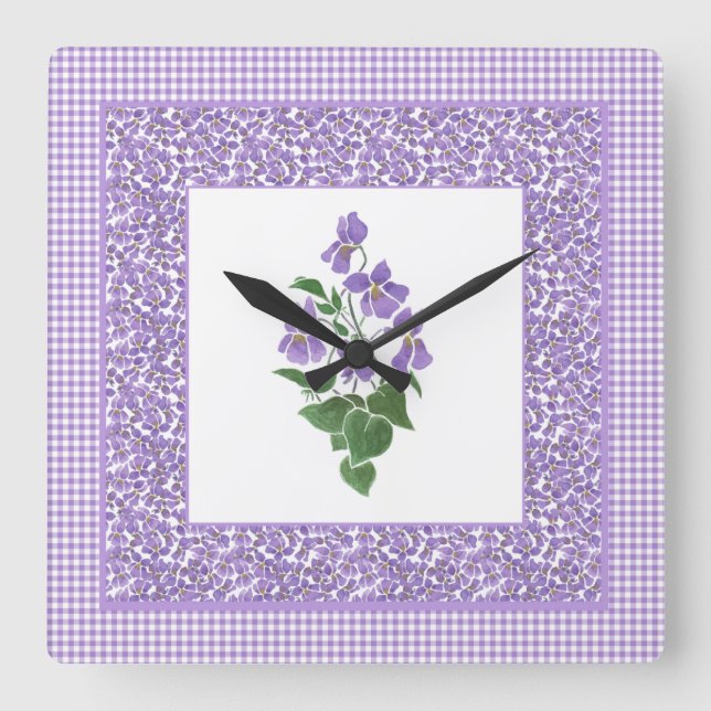 Pretty Square Wall Clock Violets and Check Gingham (Front)