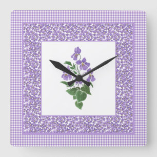Pretty Square Wall Clock Violets and Check Gingham