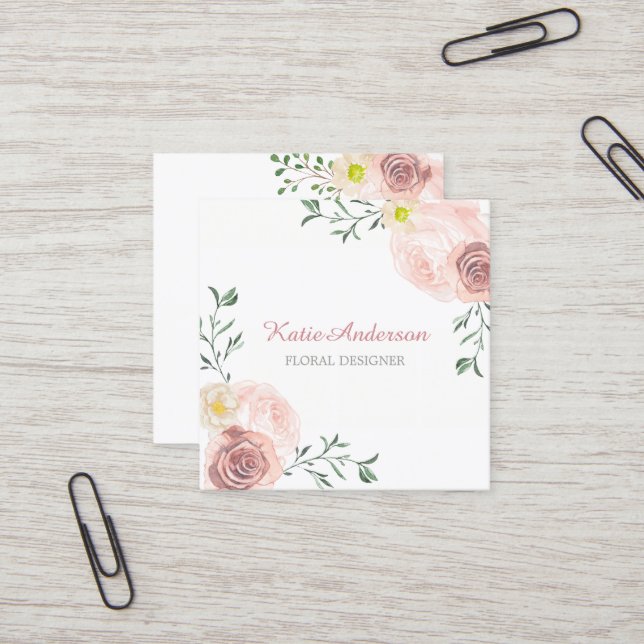 Pretty Square Watercolour Floral Business Cards (Front/Back In Situ)