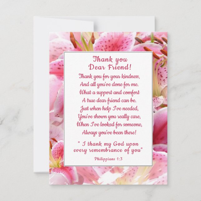 Pretty Stargazer Lilies Thank You Christian Friend Card (Front)