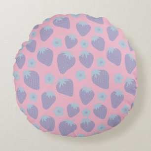 Pretty strawberries pattern in Lilac and Blue Round Cushion