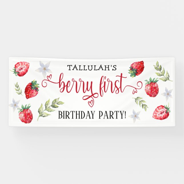 Pretty Strawberry 'Berry First' 1st Birthday Banner (Horizontal)