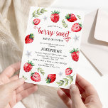 Pretty Strawberry 'Berry Sweet' Baby Shower Invita Invitation<br><div class="desc">Pretty strawberry baby shower invitation featuring watercolor illustrations of juicy red strawberries,  greenery and white blossom. The elegant calligraphy script font reads - "a BERRY SWEET baby is on it's way!" Super cute,  summery and gender neutral!</div>