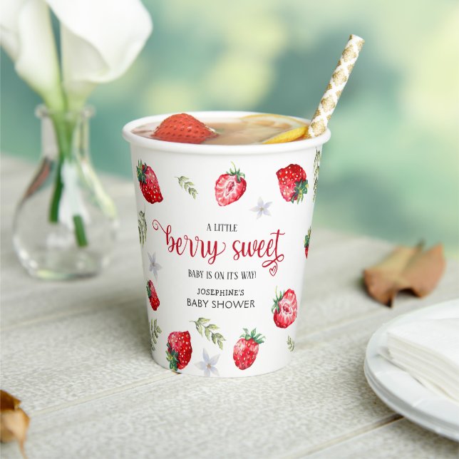 Pretty Strawberry 'Berry Sweet' Baby Shower Paper Cups (Insitu)