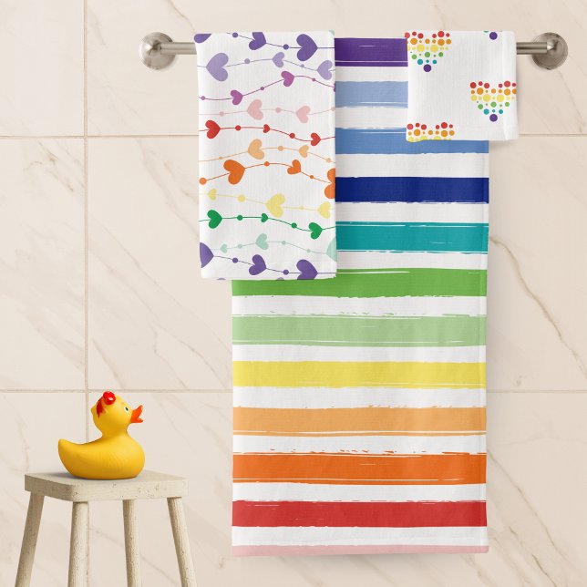 Pretty Striped Rainbow and Heart Pattern Bathroom Bath Towel Set (Creator Uploaded)