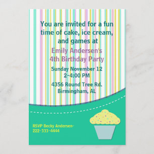Pretty Stripes and Cupcake Birthday Invitation