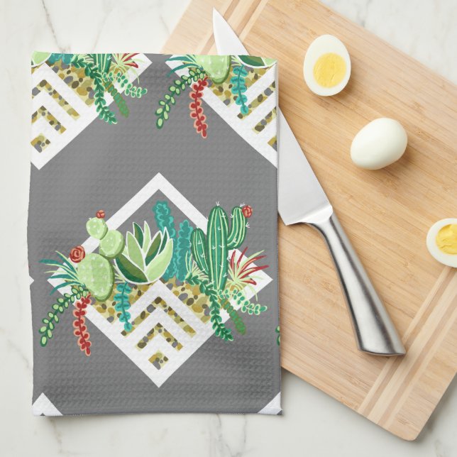 Pretty Succulents & Cactus Geometric Terrariums Tea Towel (Quarter Fold)