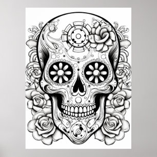 Pretty Sugar Skull Image Black + White Art on Wall Poster