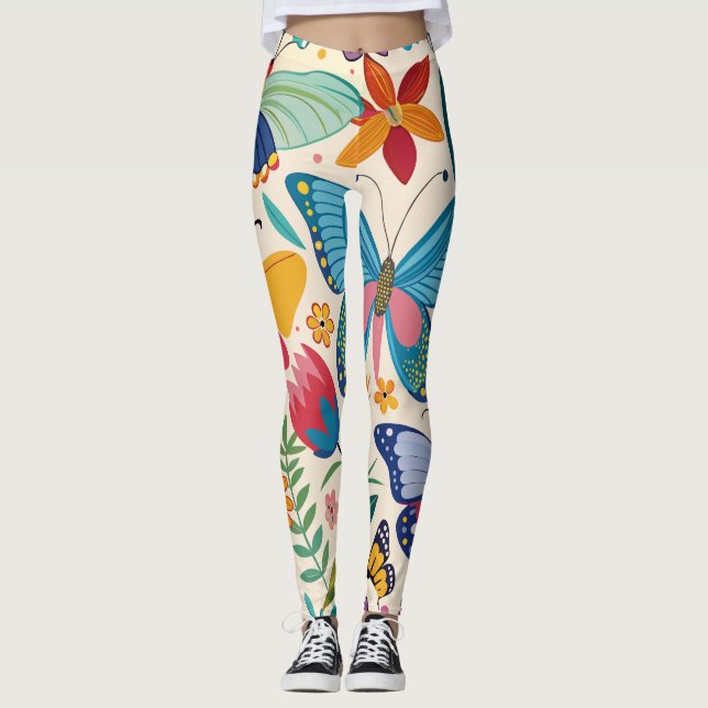 Pretty Summer Butterflies and Flowers Pattern  Leggings (Front)