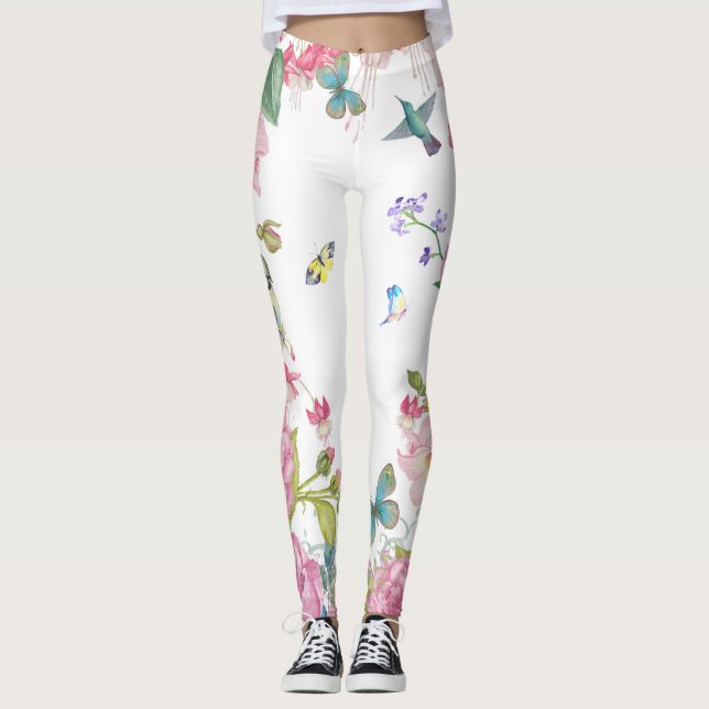 pretty summer butterfly birds n flowers  vacation leggings (Front)
