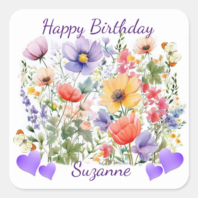Pretty Summer Floral Design Birthday  Square Sticker (Front)