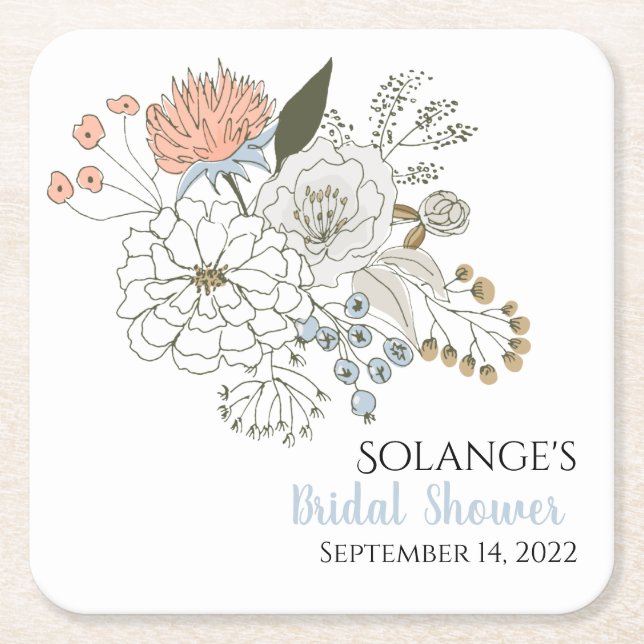 Pretty summer florals blue pink tan square paper coaster (Front)