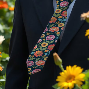 Pretty Summer flowers colorful floral on black. Tie