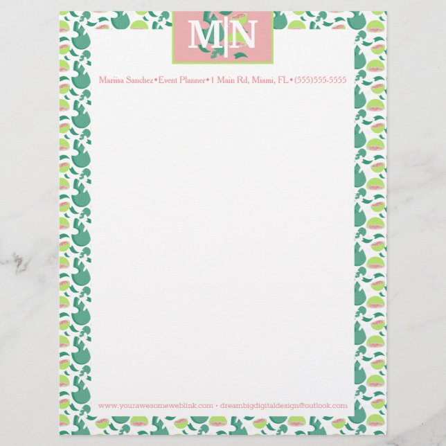 Pretty Summer Guava Pattern and Greenery Custom Letterhead (Front)
