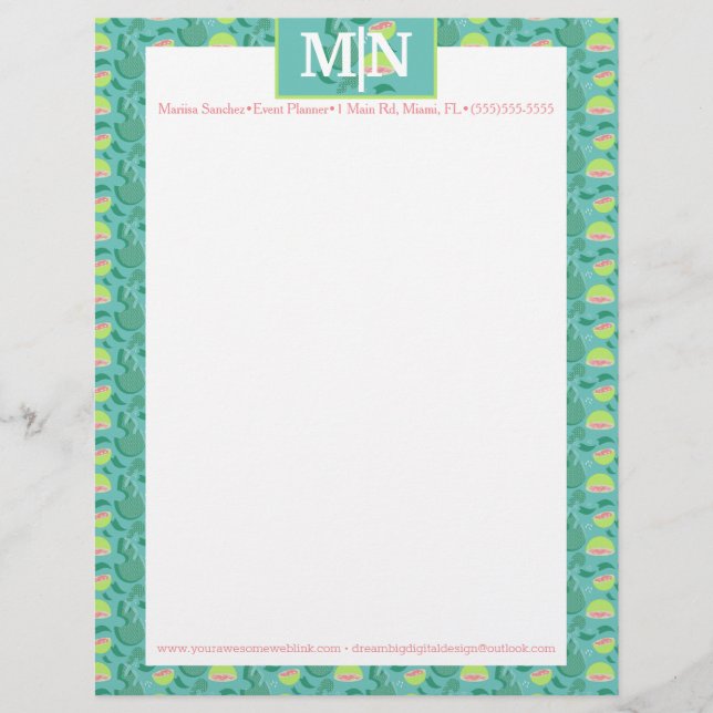 Pretty Summer Guava Pattern and Greenery Custom Letterhead (Front)